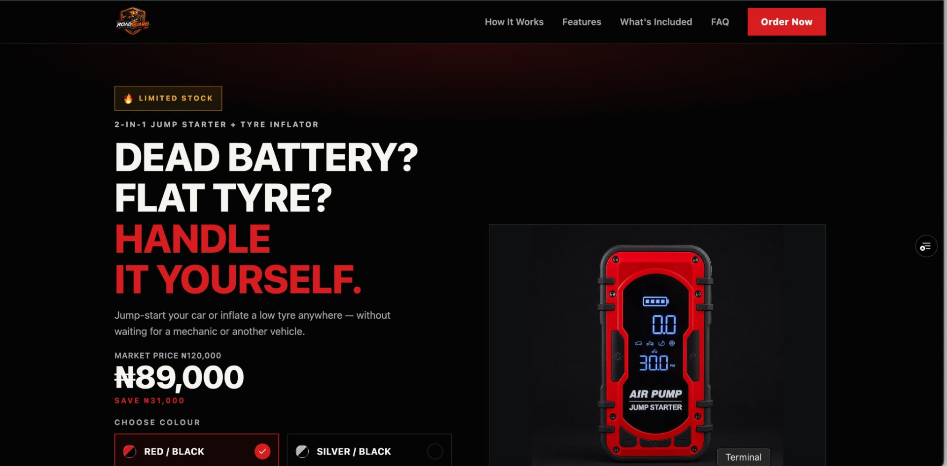 RoadGuard homepage presenting the product