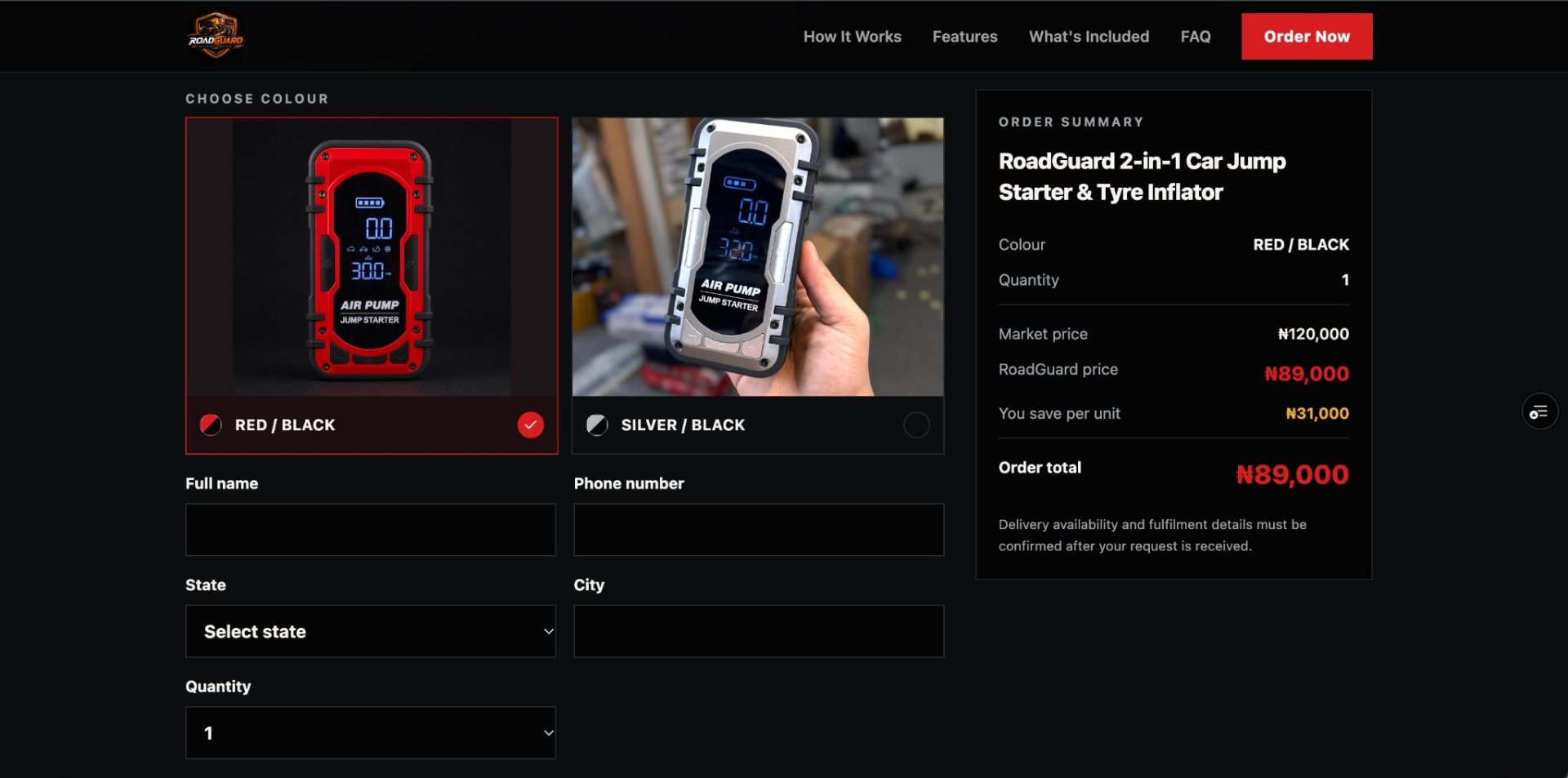 RoadGuard customer order form
