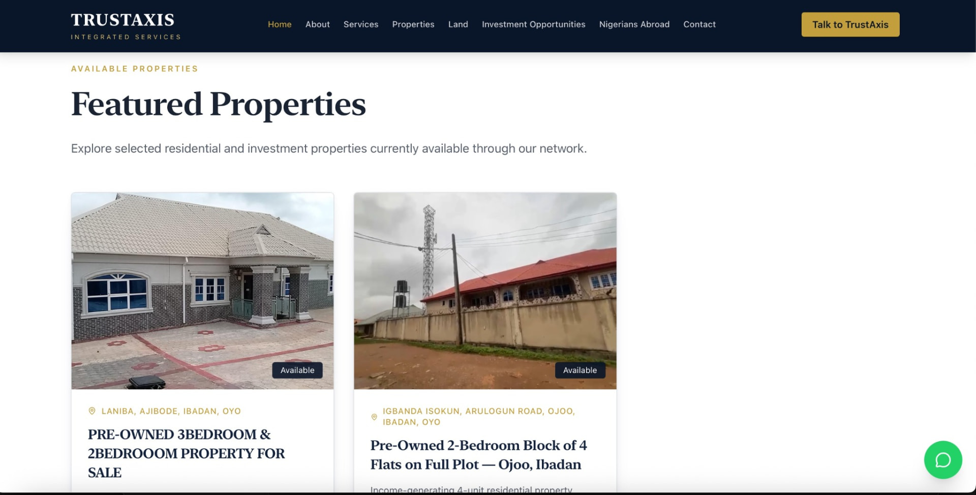 TrustAxis property listings page with available properties
