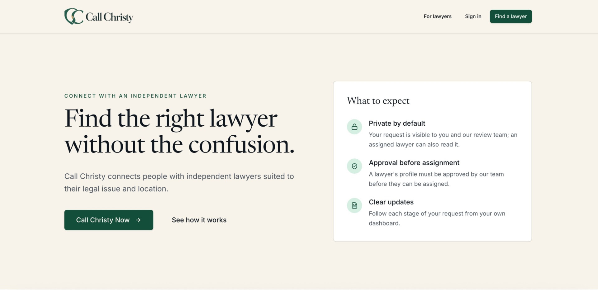 Call Christy homepage inviting clients to request legal help